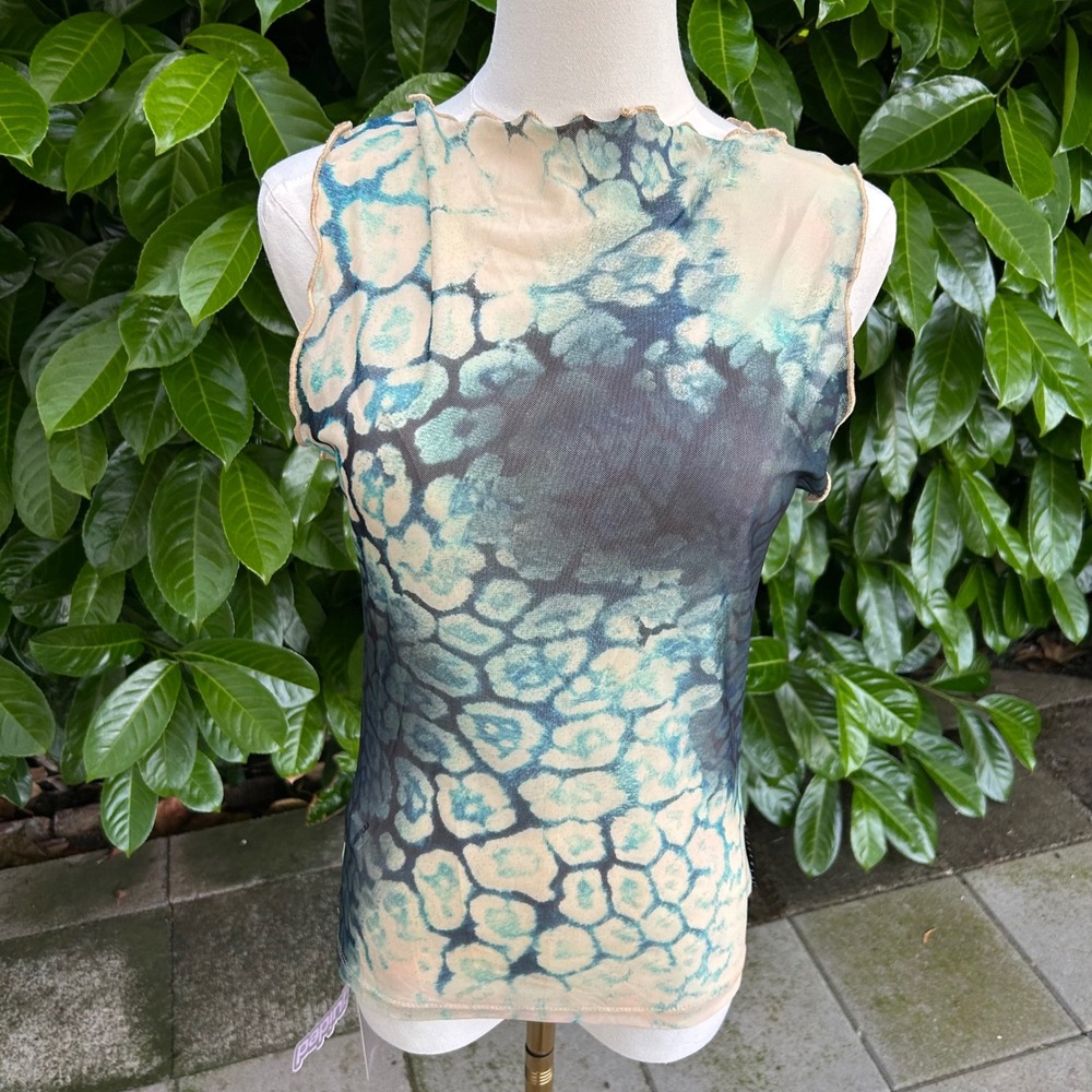Missguided Tank Top Blue Green Snakeskin Mesh Sheer Lettuce Trim y2k